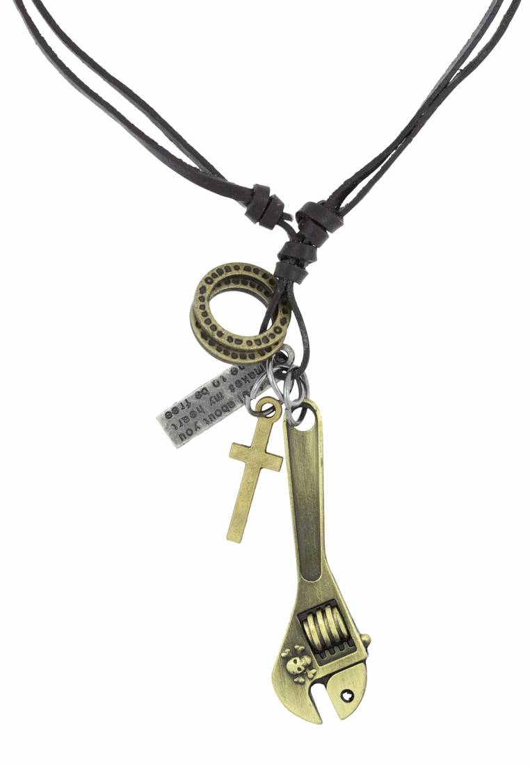 Hip Hop Punk Pipe Wrench Cross Bronze Vintage Dog Tag Leather Pendant Chain For Boys Men
