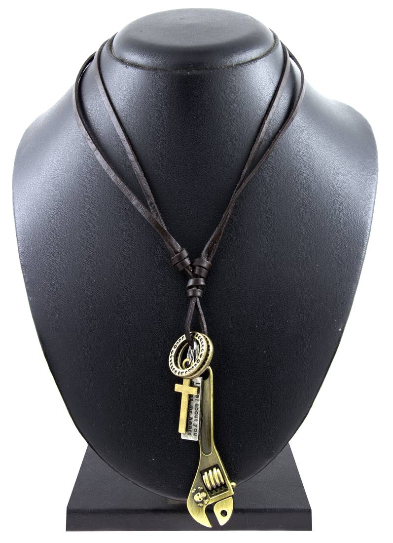 Hip Hop Punk Pipe Wrench Cross Bronze Vintage Dog Tag Leather Pendant Chain For Boys Men