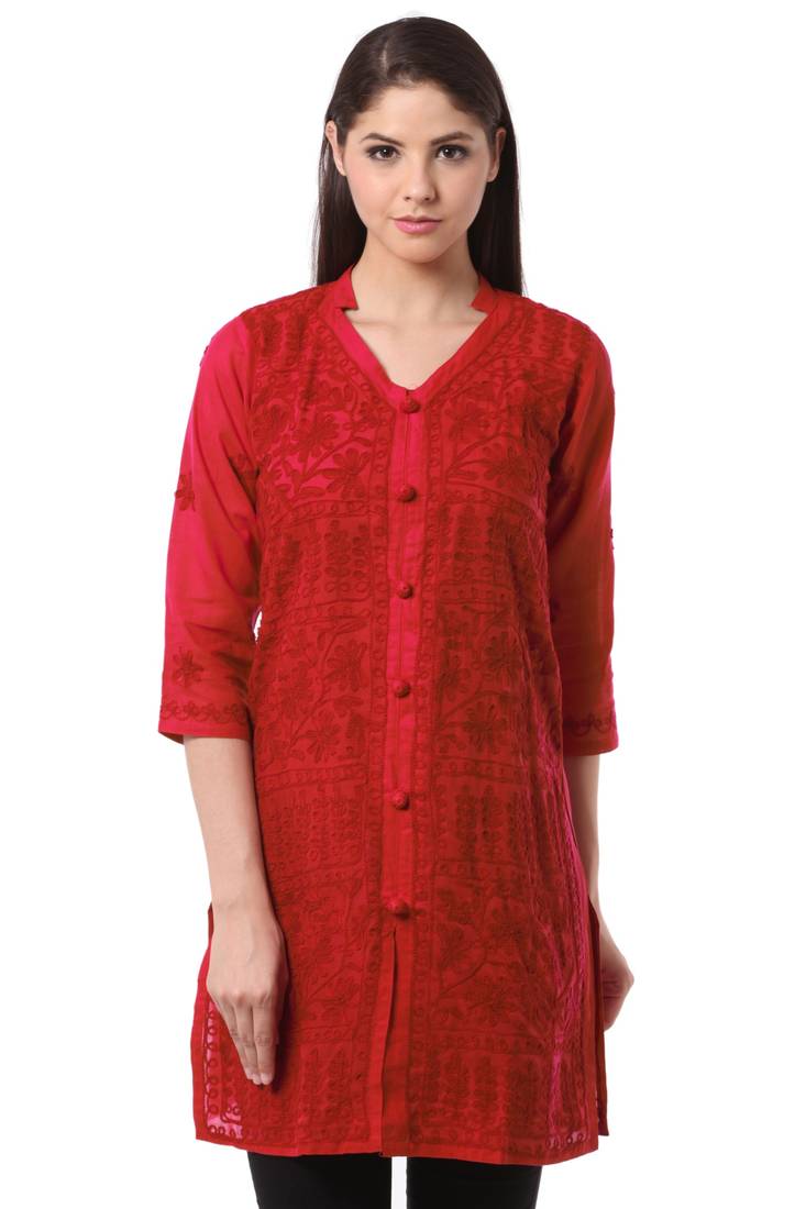 Red embroidered Pure Cotton stitched kurti