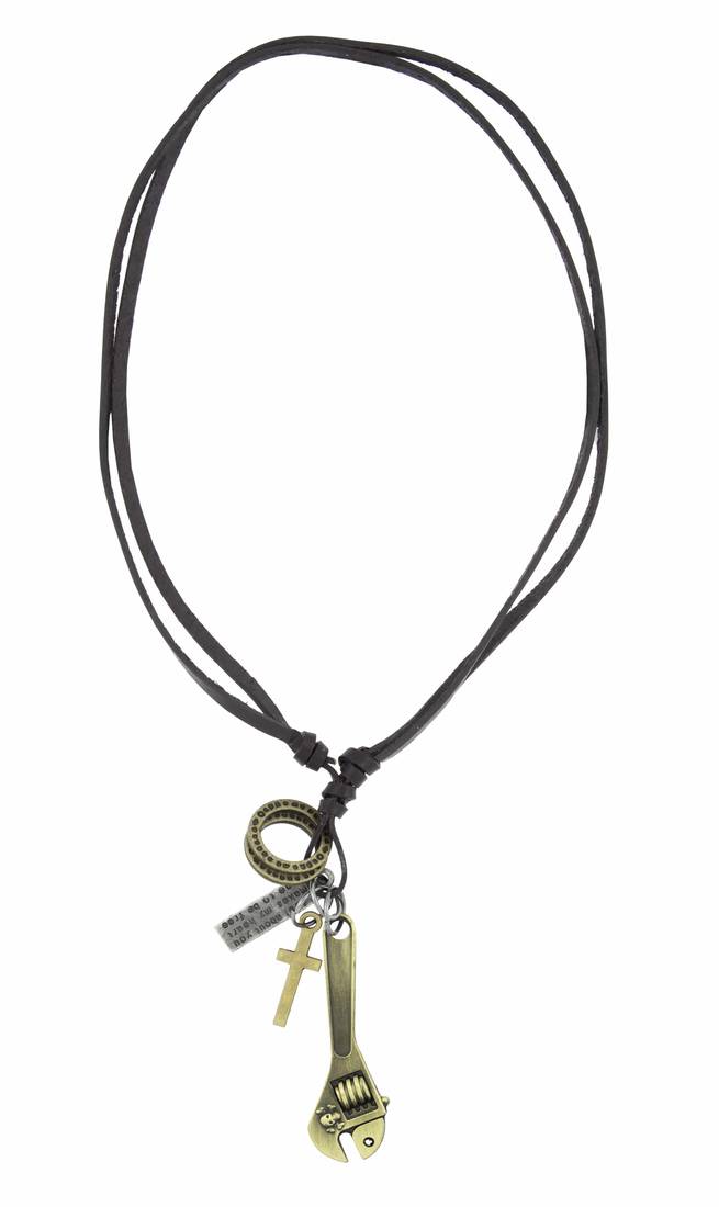 Hip Hop Punk Pipe Wrench Cross Bronze Vintage Dog Tag Leather Pendant Chain For Boys Men