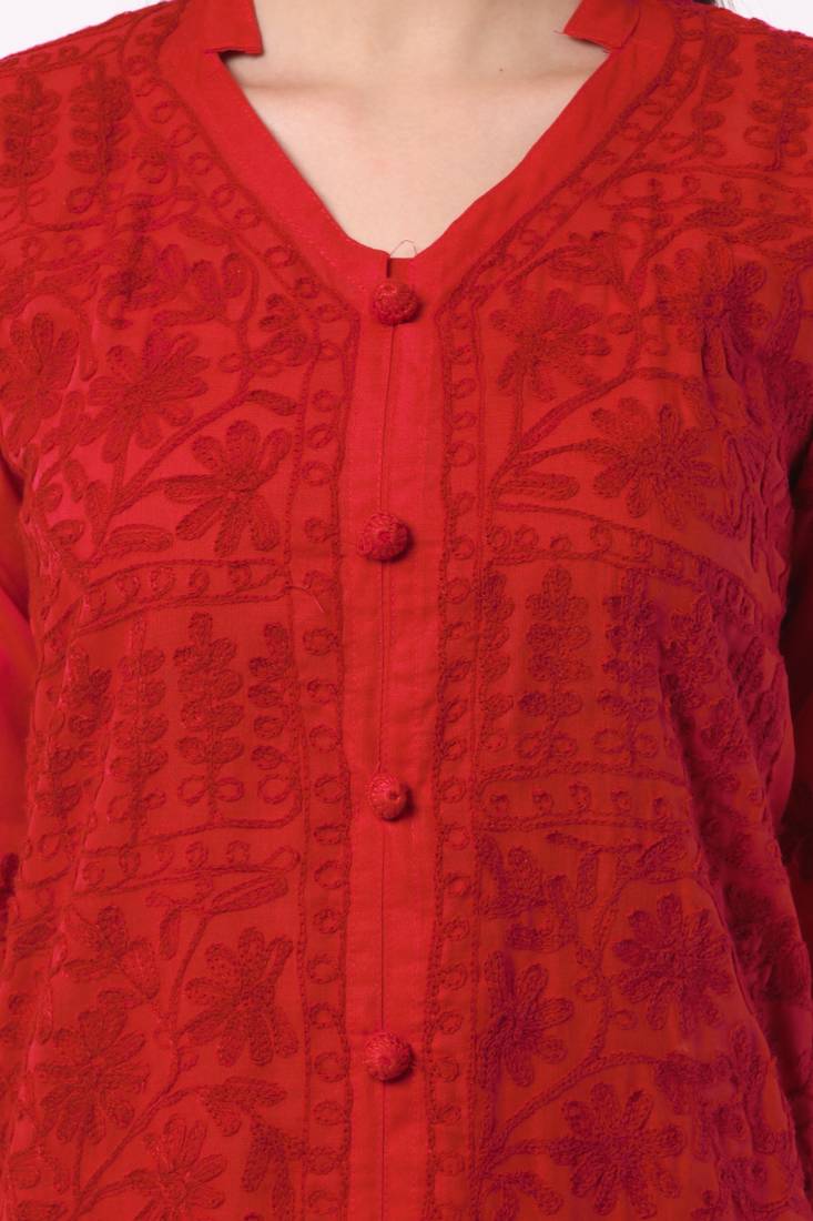 Red embroidered Pure Cotton stitched kurti