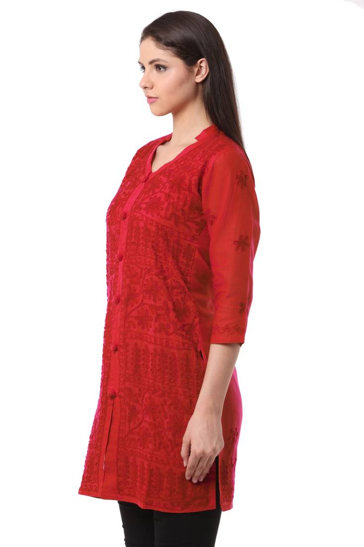 Red embroidered Pure Cotton stitched kurti