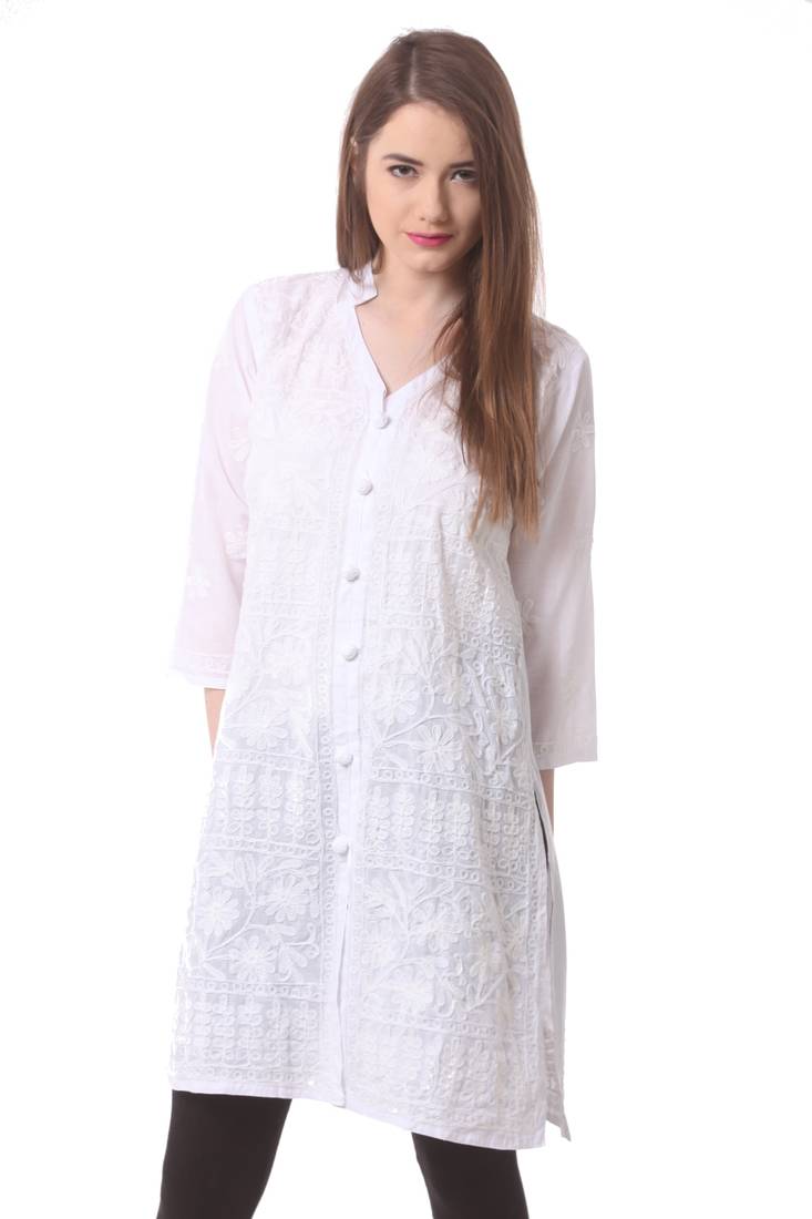 White embroidered Pure Cotton stitched kurti