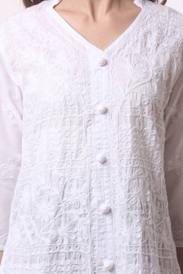 White embroidered Pure Cotton stitched kurti
