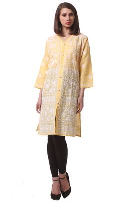 Yellow embroidered Pure Cotton stitched kurti 1
