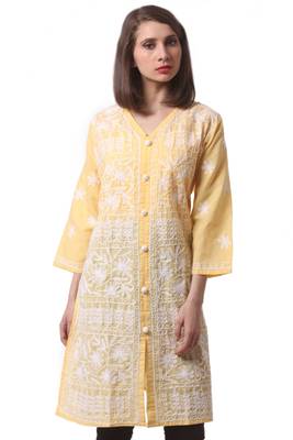 Yellow embroidered Pure Cotton stitched kurti 2