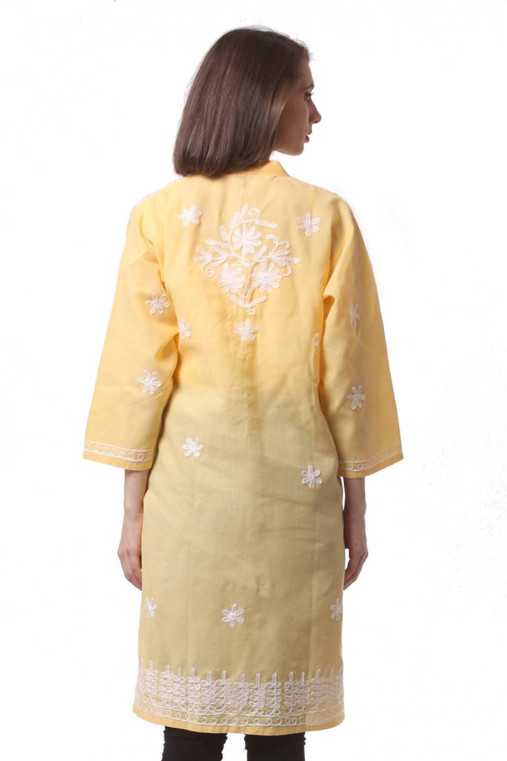 Yellow embroidered Pure Cotton stitched kurti