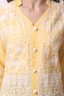 Yellow embroidered Pure Cotton stitched kurti 4