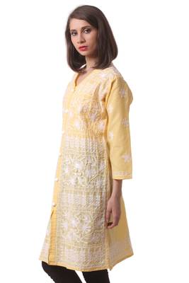 Yellow embroidered Pure Cotton stitched kurti 5