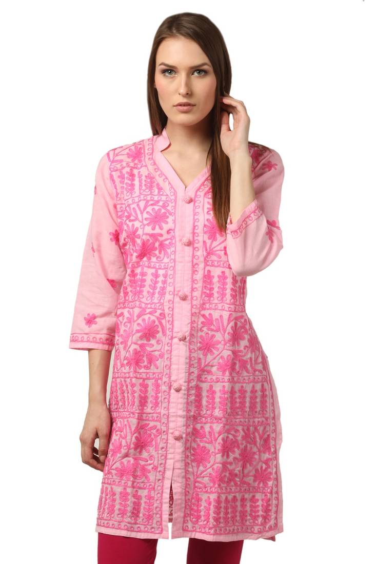Pink embroidered Pure Cotton stitched kurti