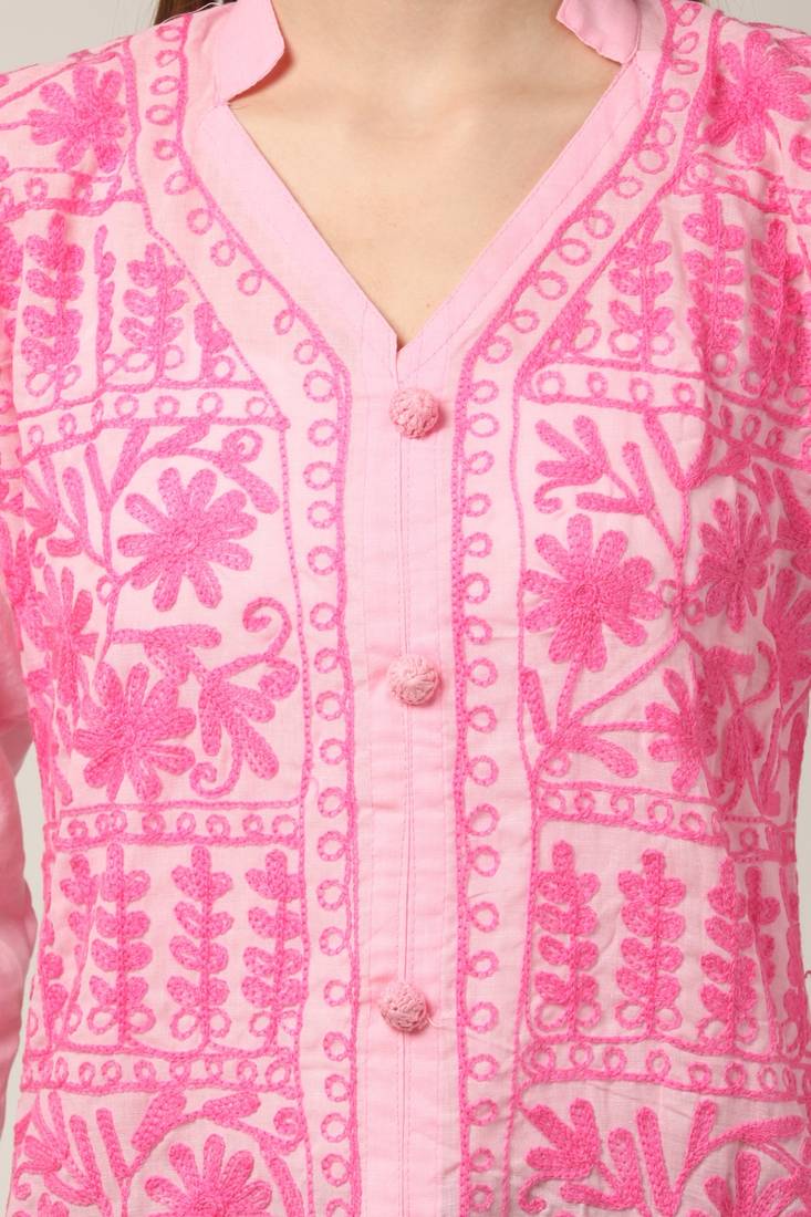 Pink embroidered Pure Cotton stitched kurti