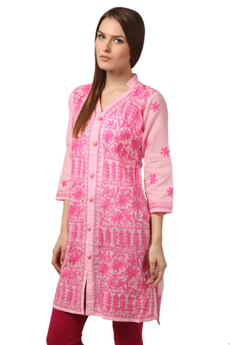 Pink embroidered Pure Cotton stitched kurti