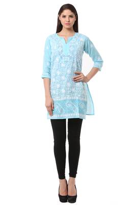 Blue embroidered Pure Cotton stitched kurti 1