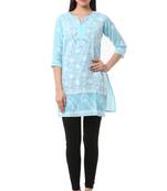 Blue embroidered Pure Cotton stitched kurti