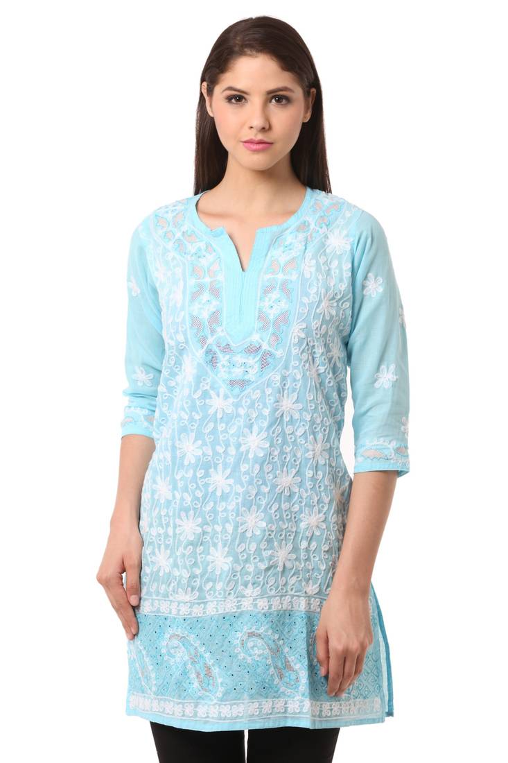 Blue embroidered Pure Cotton stitched kurti
