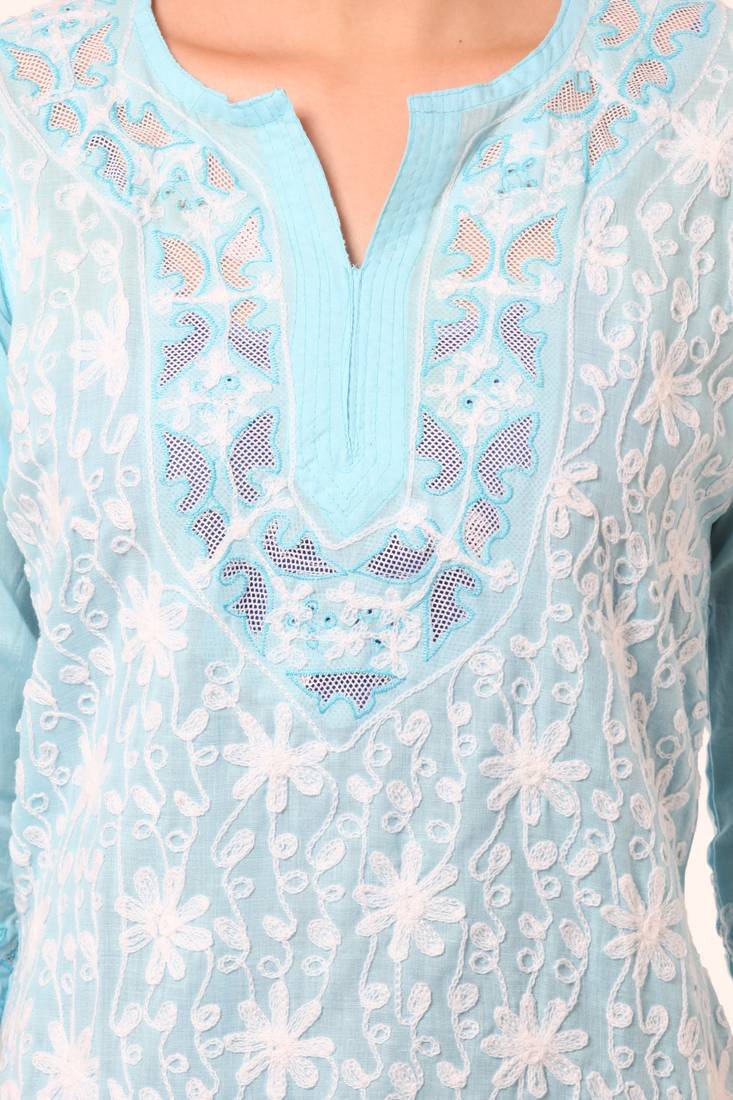 Blue embroidered Pure Cotton stitched kurti