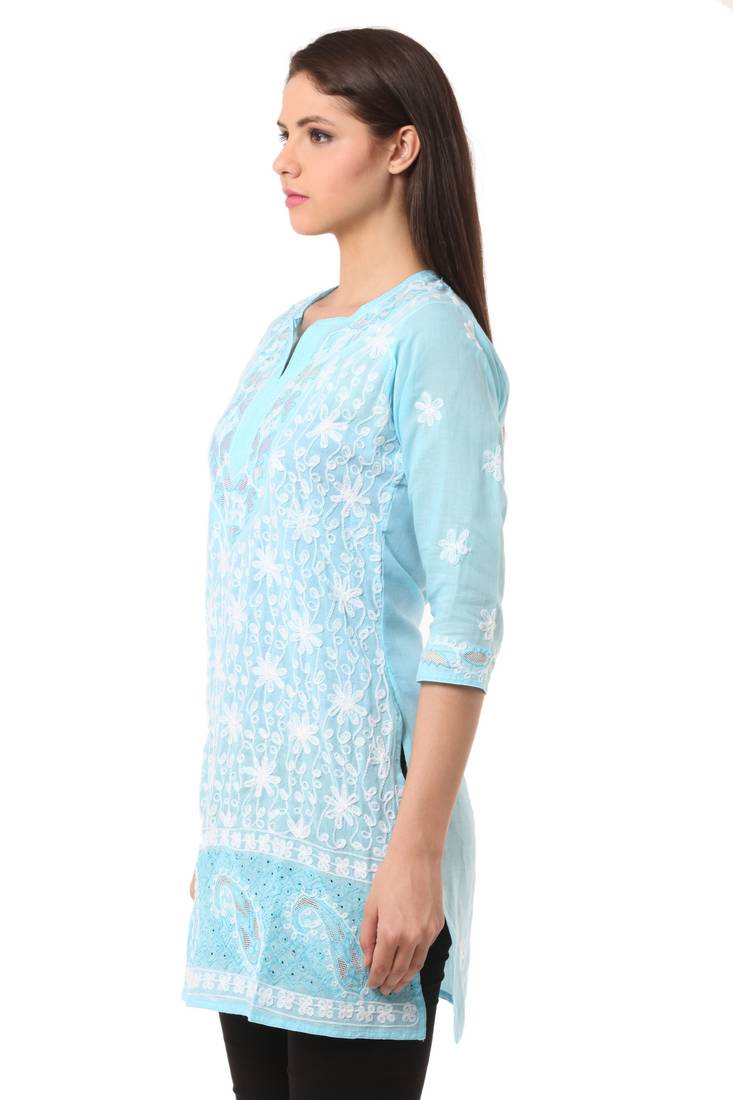 Blue embroidered Pure Cotton stitched kurti