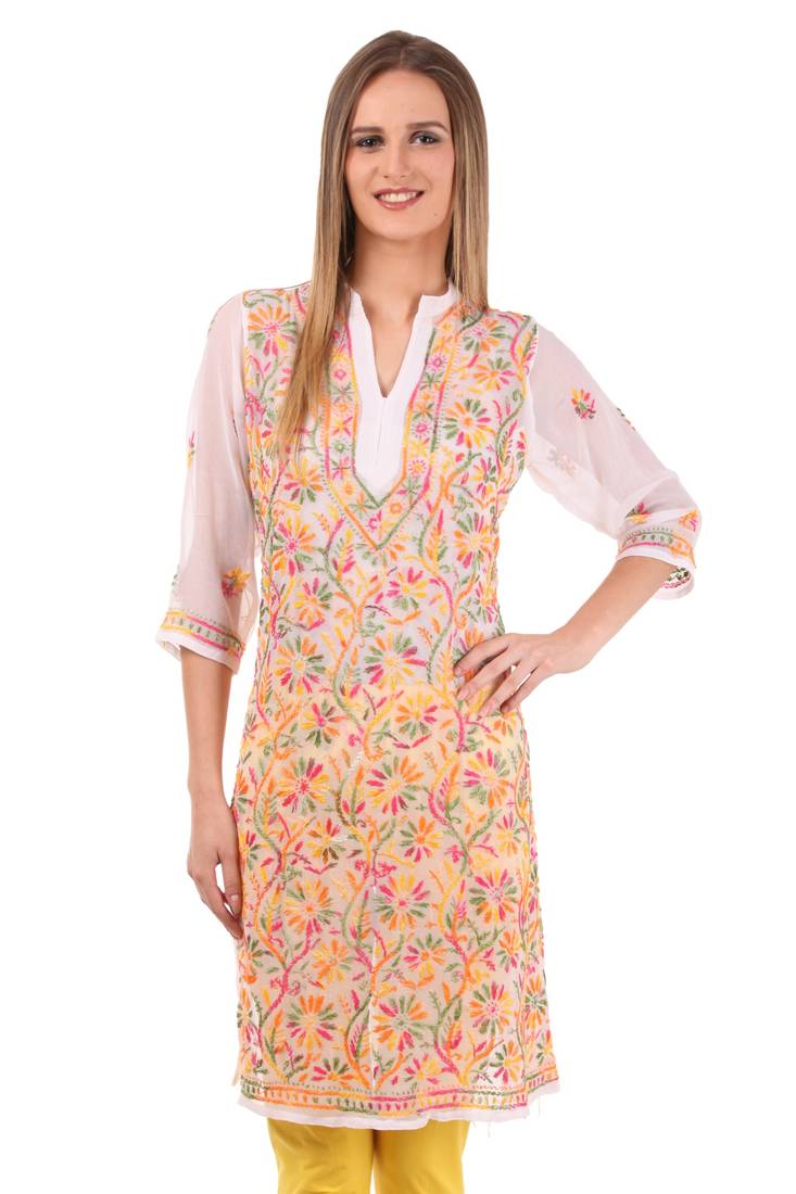 White embroidered Faux Georgette stitched kurti