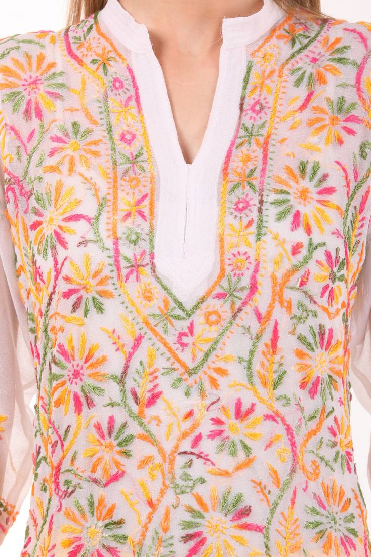 White embroidered Faux Georgette stitched kurti