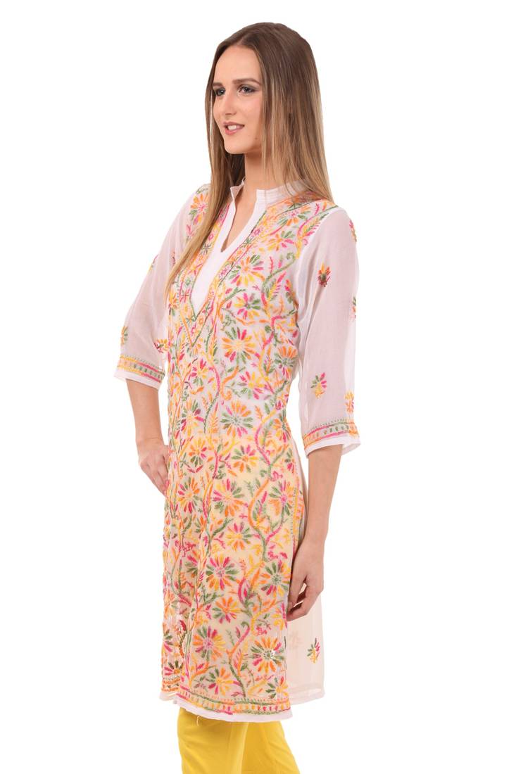 White embroidered Faux Georgette stitched kurti
