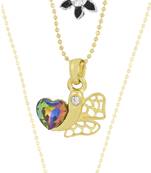 Heart 18k Gold & Rhodium Plated Brass CZ Pearl Combo Necklace Pendant Chain Set Girls