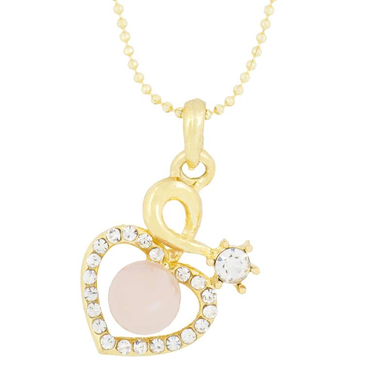 Heart 18k Gold & Rhodium Plated Brass CZ Pearl Combo Necklace Pendant Chain Set Girls