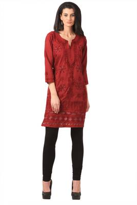 Maroon embroidered Pure Cotton  stitched kurti 1