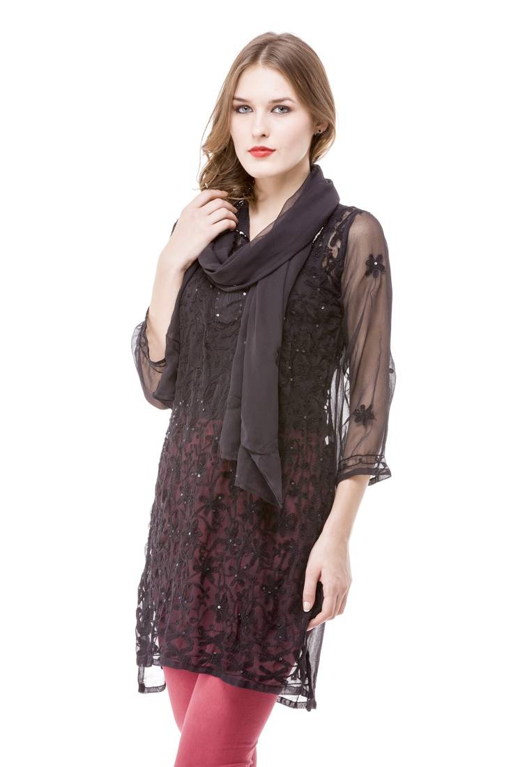 Black embroidered Faux Georgette stitched kurti