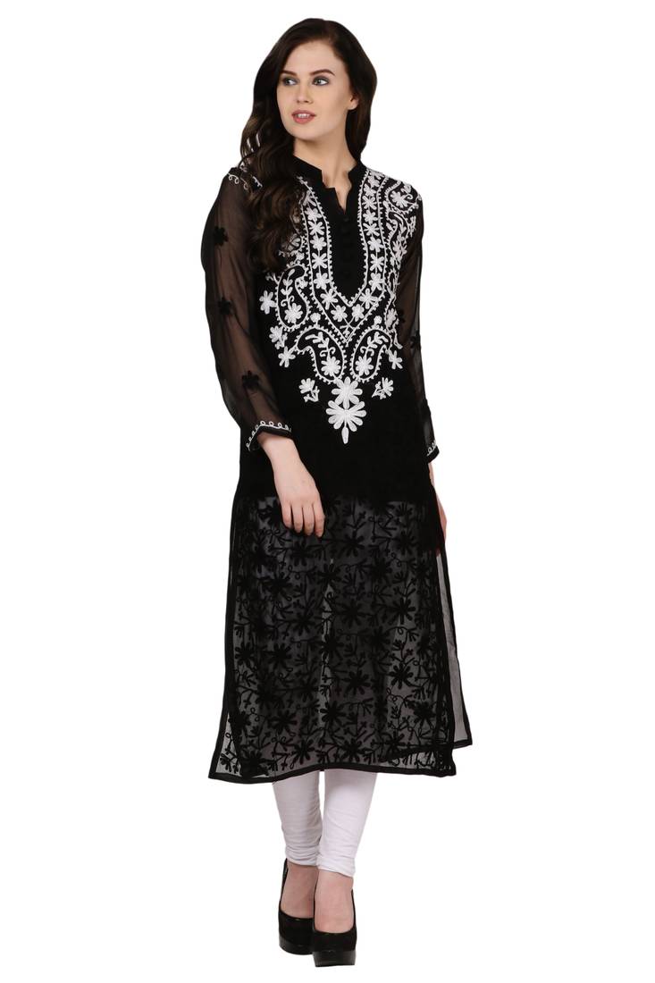 Black embroidered Faux Georgette stitched kurti