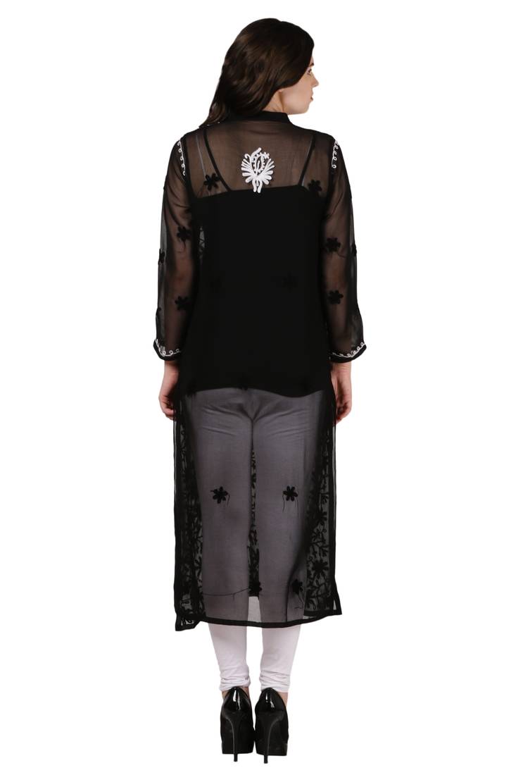 Black embroidered Faux Georgette stitched kurti