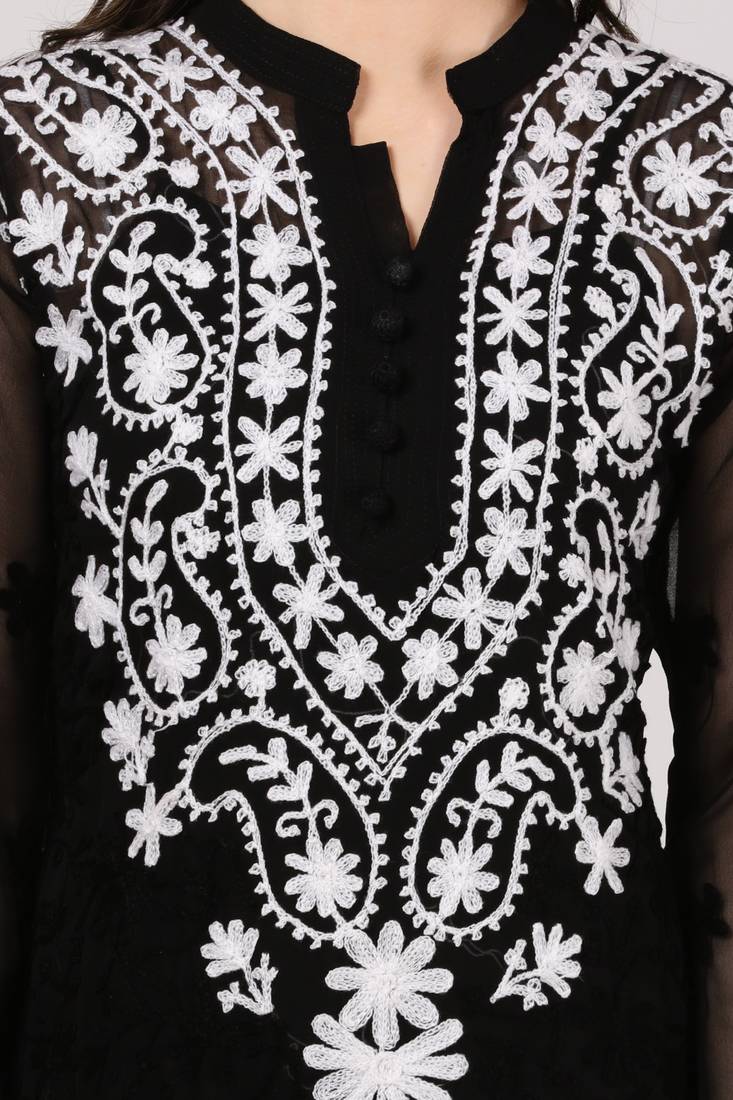 Black embroidered Faux Georgette stitched kurti