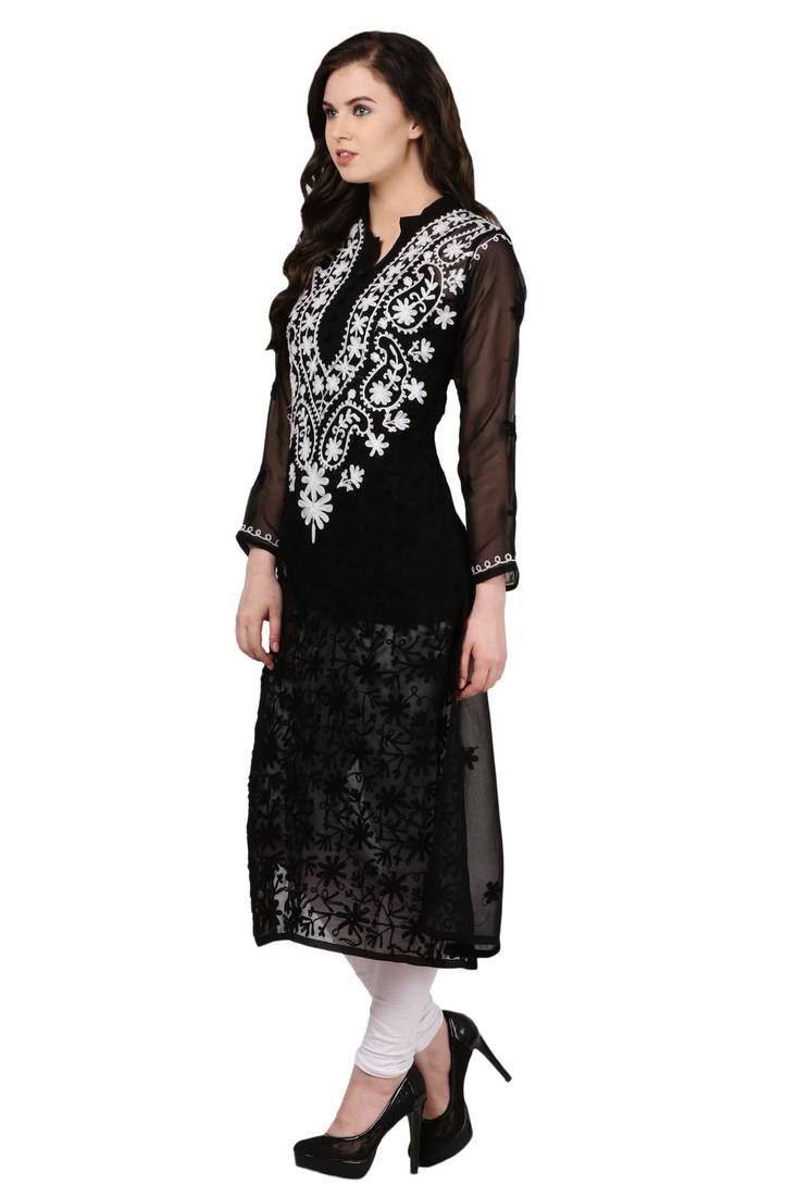 Black embroidered Faux Georgette stitched kurti