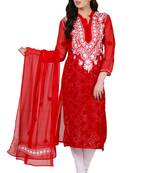 Red embroidered Faux Georgette stitched kurti