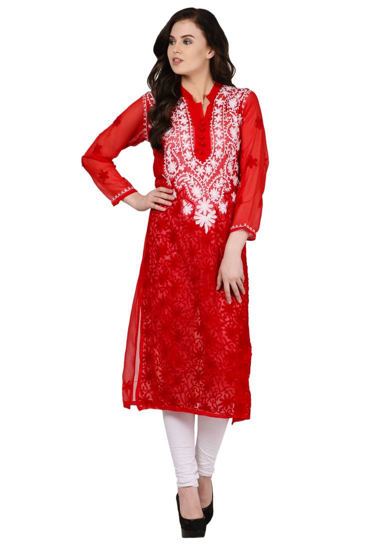 Red embroidered Faux Georgette stitched kurti