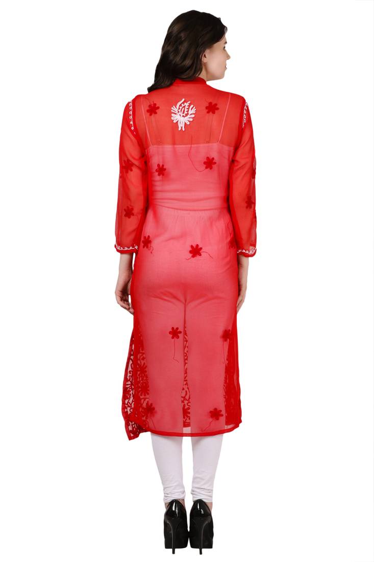 Red embroidered Faux Georgette stitched kurti