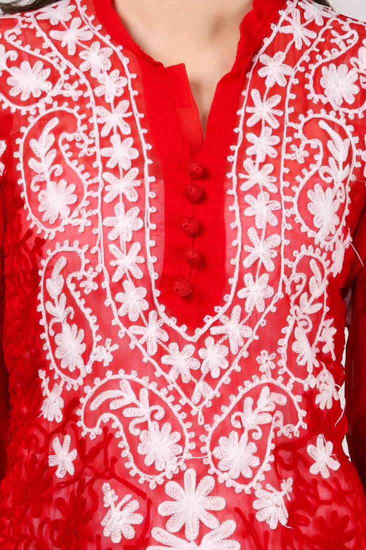Red embroidered Faux Georgette stitched kurti