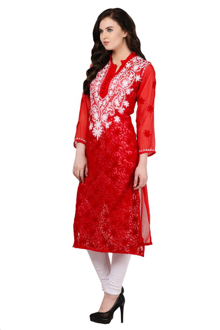 Red embroidered Faux Georgette stitched kurti