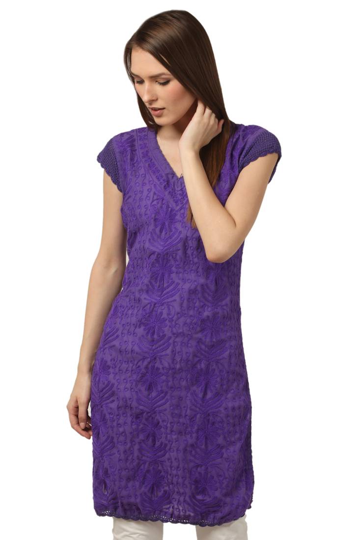 Purple embroidered Pure Cotton stitched kurti