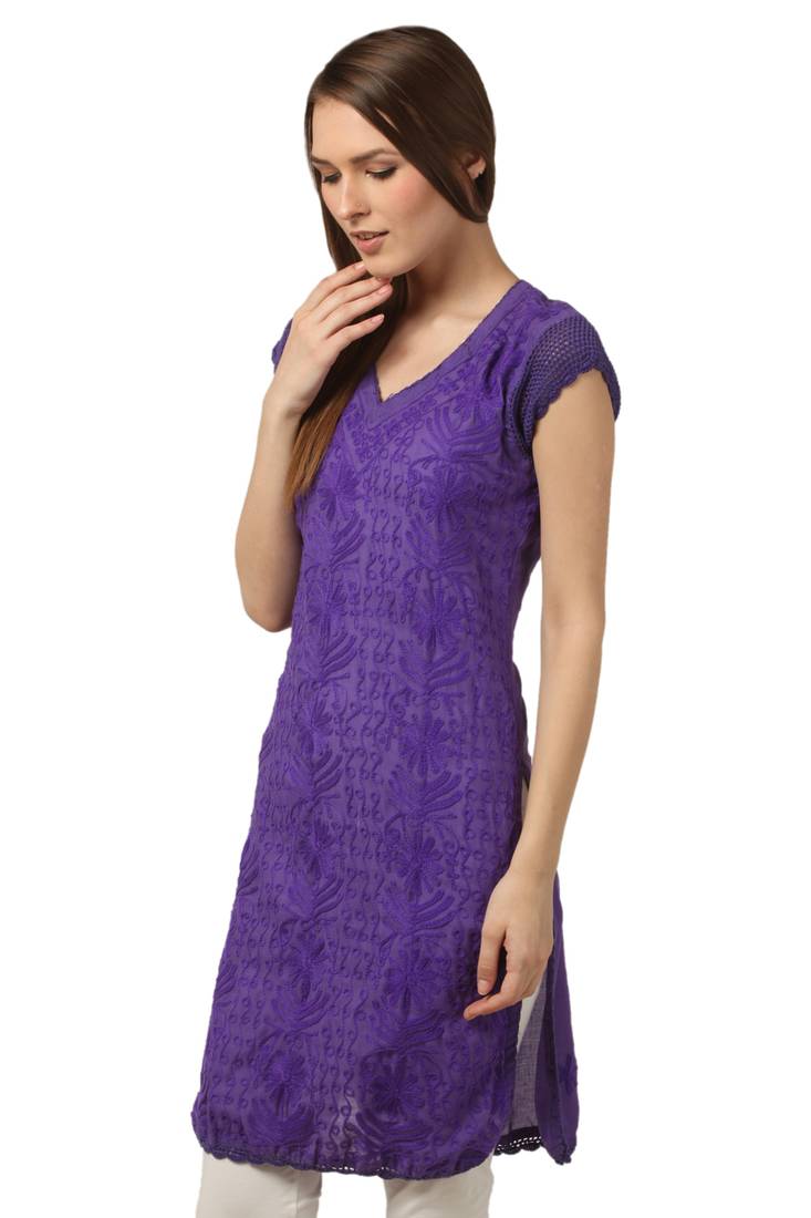 Purple embroidered Pure Cotton stitched kurti
