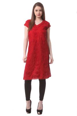 Red embroidered Pure Cotton stitched kurti 1