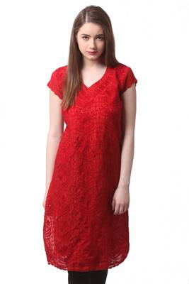 Red embroidered Pure Cotton stitched kurti 2