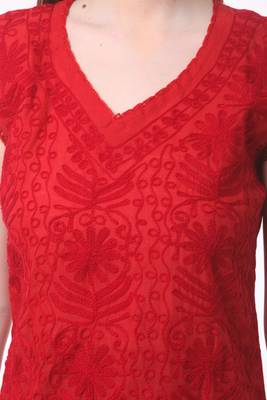 Red embroidered Pure Cotton stitched kurti 4