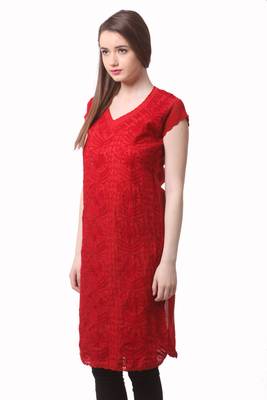 Red embroidered Pure Cotton stitched kurti 5