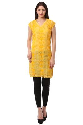 Yellow embroidered Pure Cotton stitched kurti 1