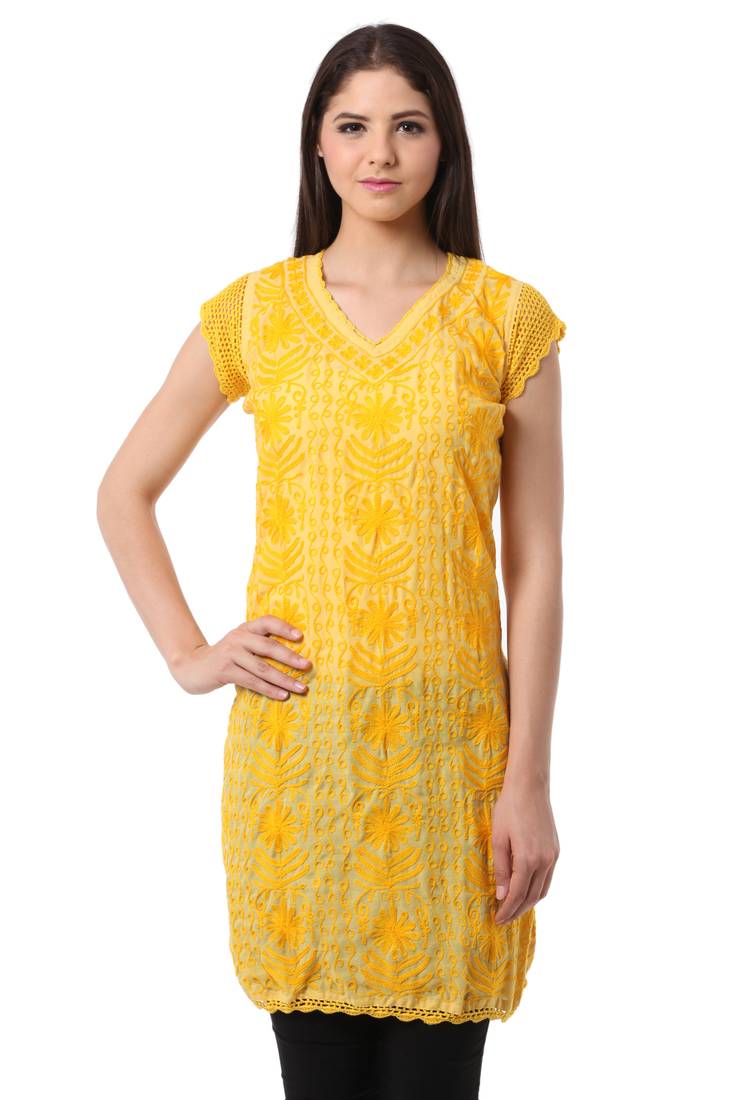 Yellow embroidered Pure Cotton stitched kurti