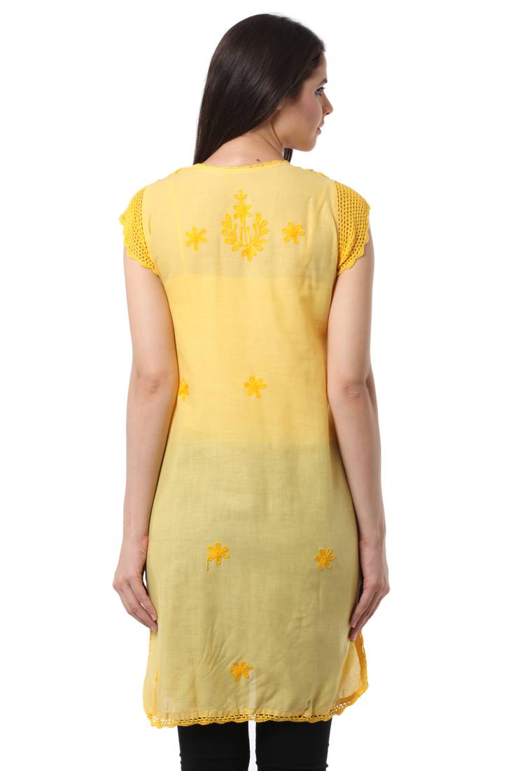 Yellow embroidered Pure Cotton stitched kurti