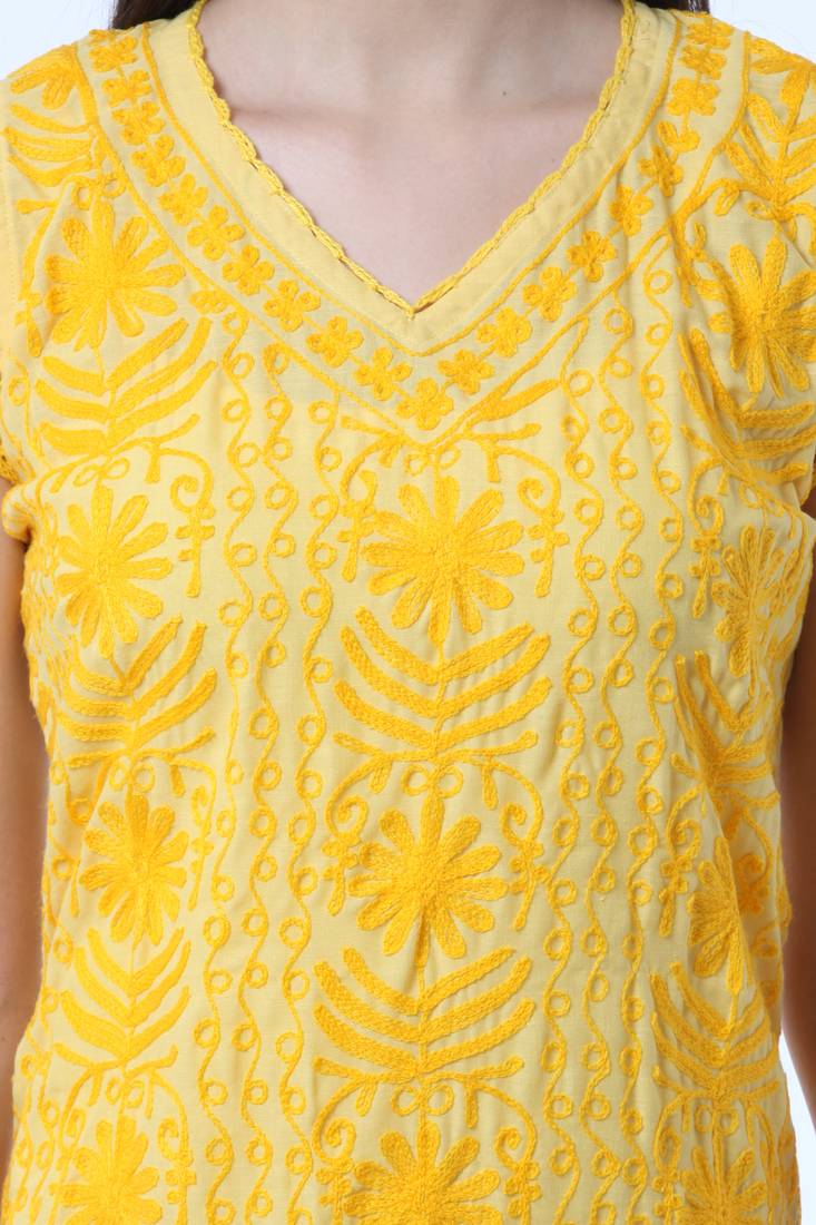 Yellow embroidered Pure Cotton stitched kurti