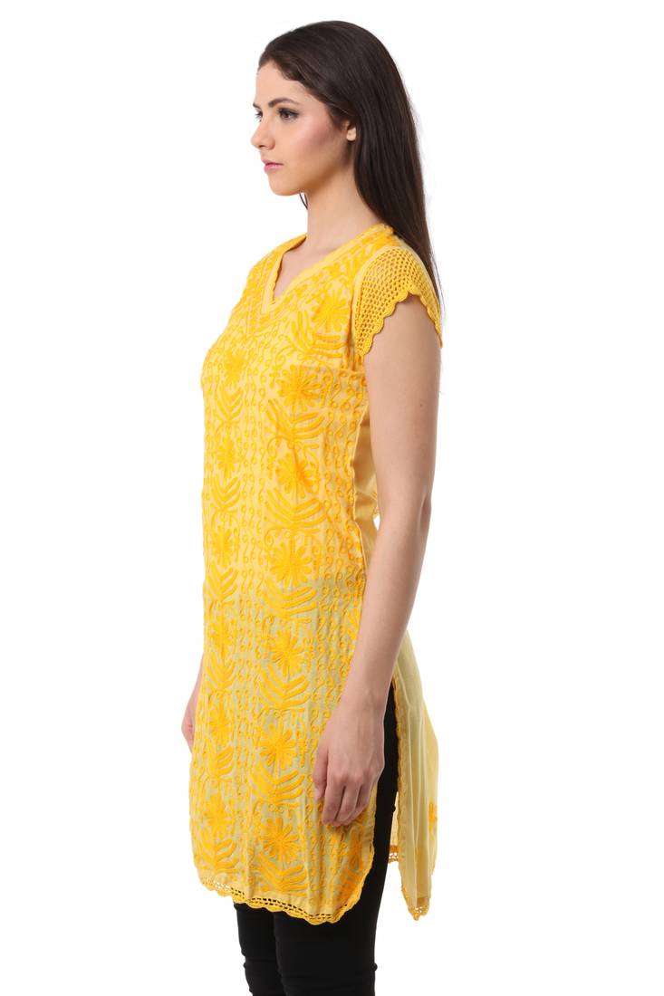 Yellow embroidered Pure Cotton stitched kurti