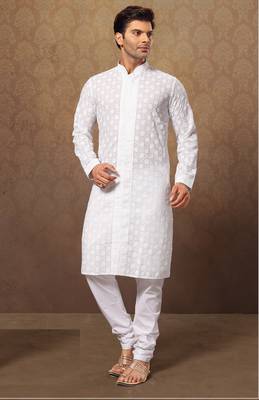 White Cotton Poly Embroidered Kurta Pajama 1