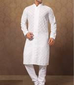 White Cotton Poly Embroidered Kurta Pajama